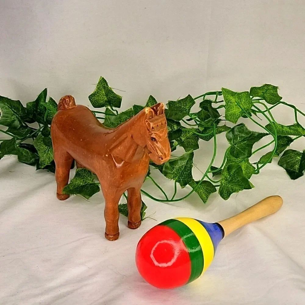 Carved Wood Horse and Maraca. Handmade. Beautiful Decor